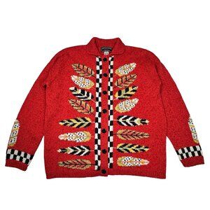 VTG 90s Cottage Boho Cardigan Sz L Red Southwestern Leaf Feather Maximalist